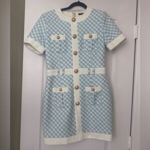 Balmain size 40 Blue and White Checkered Dress with Gold Buttons